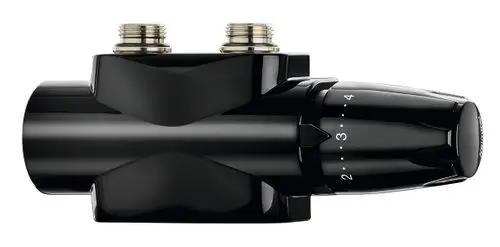 Schwarzes Heizungsventil von IMI Hydronic Engineering mit zwei Anschlüssen und einer Einstellskala von 1 bis 4, geeignet für Zweirohr- und Einrohrsysteme.